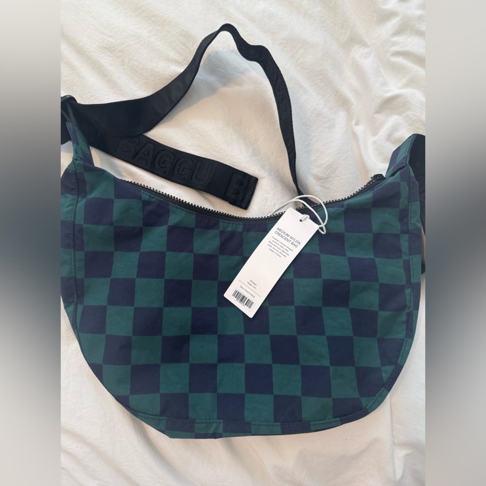 NWT Baggu blue and green check medium crescent